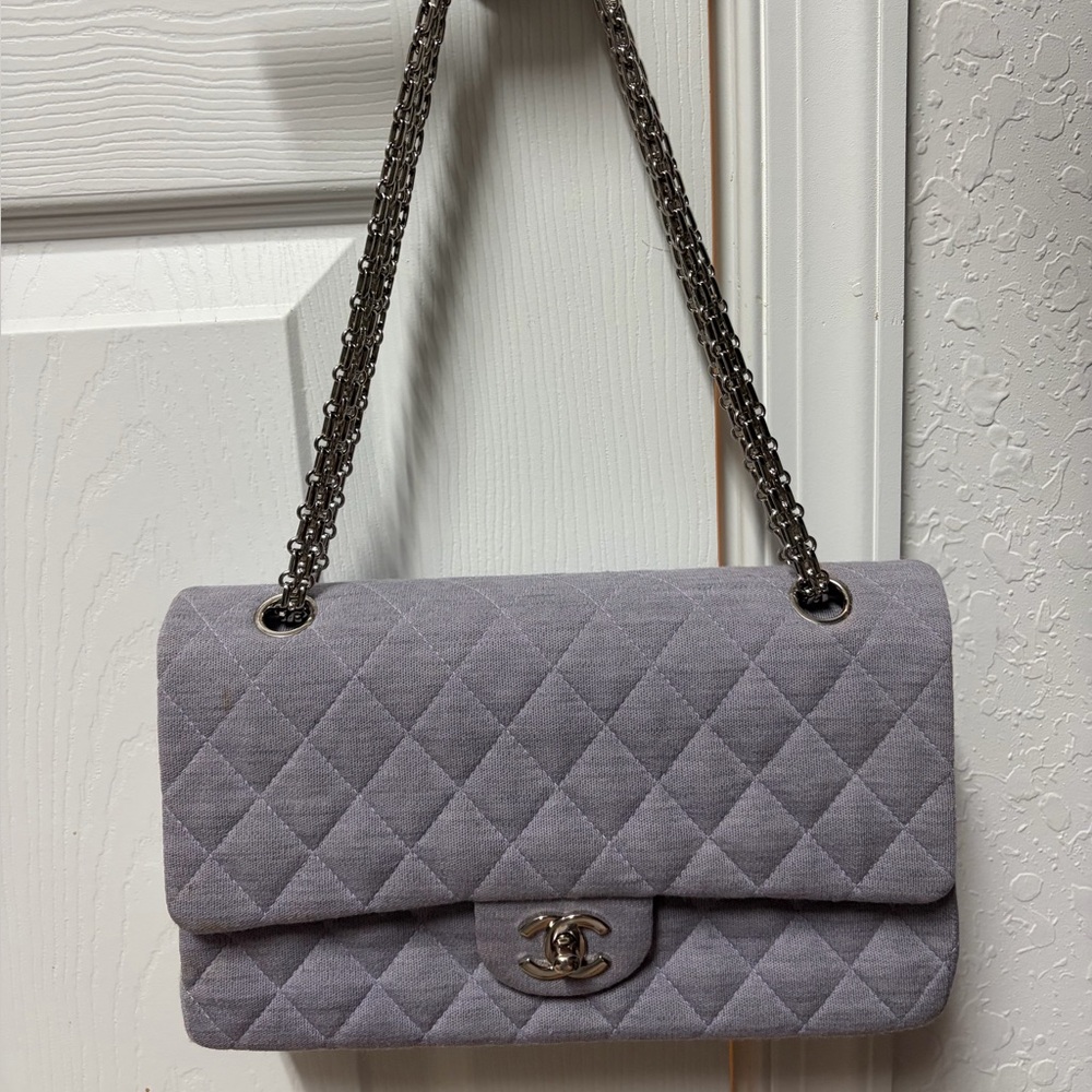 CHANEL Quilted Shoulder Flap Bag in Light Lavender-Gray with Silver Hardware